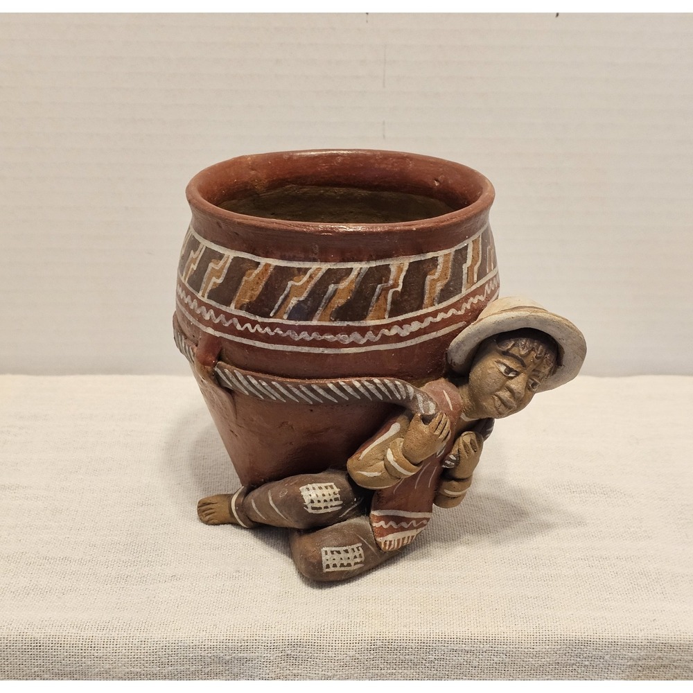 Vintage Peruvian Sculptured Figure Hauling Load With Strap Terracotta Pot 5"H